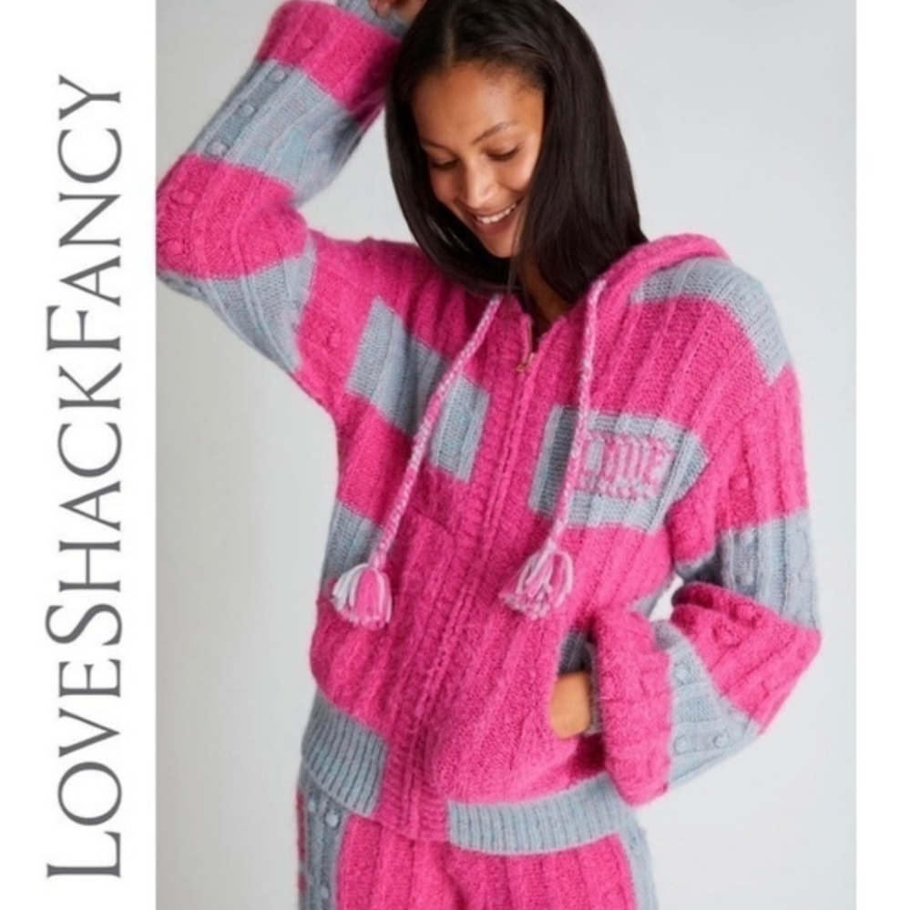 Loveshackfancy Pink Gray Alpaca Wool Tirzah Zip-Up Hoodie Sweater Pink Gray